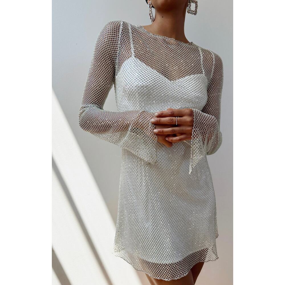 Show Me Your Mumu Iconic Beaded Mini Dress in White Glitz XL